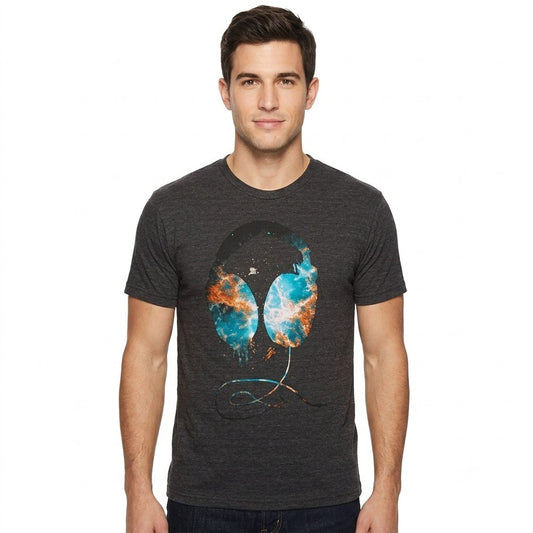 Men's Grey Heather Galaxy Headphones Graphic Tee T-Shirt