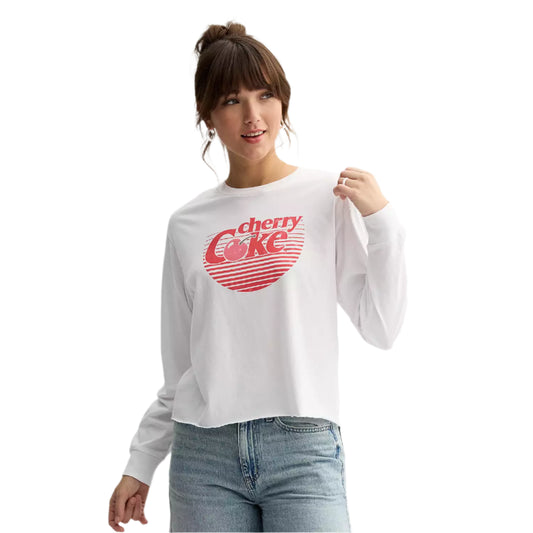 Person wearing a white sweatshirt with a red 'Coke' logo on a plain background