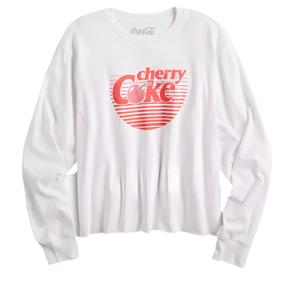 White long-sleeve shirt with red 'Cherry Coke' graphic on a white background