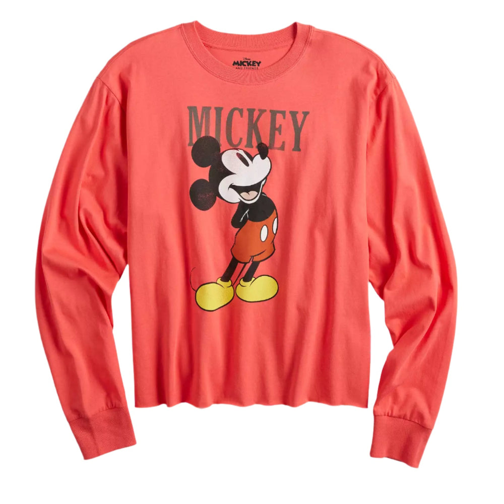 Red long-sleeve shirt with Mickey Mouse graphic on a light gray background