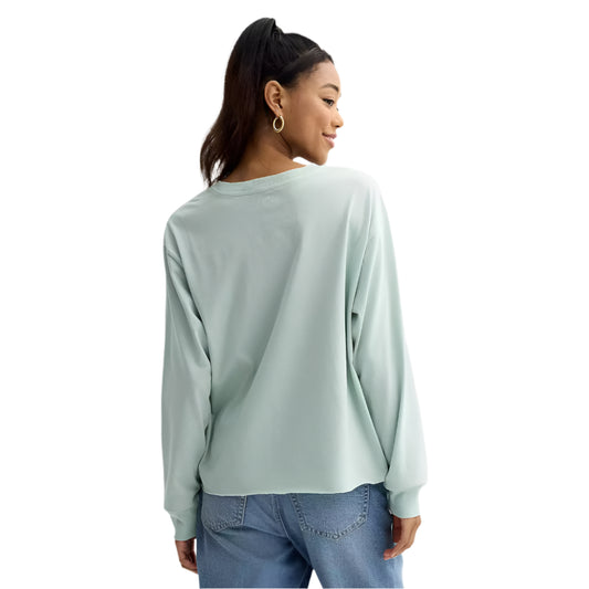 Person wearing a light green long-sleeve shirt and blue jeans on a white background