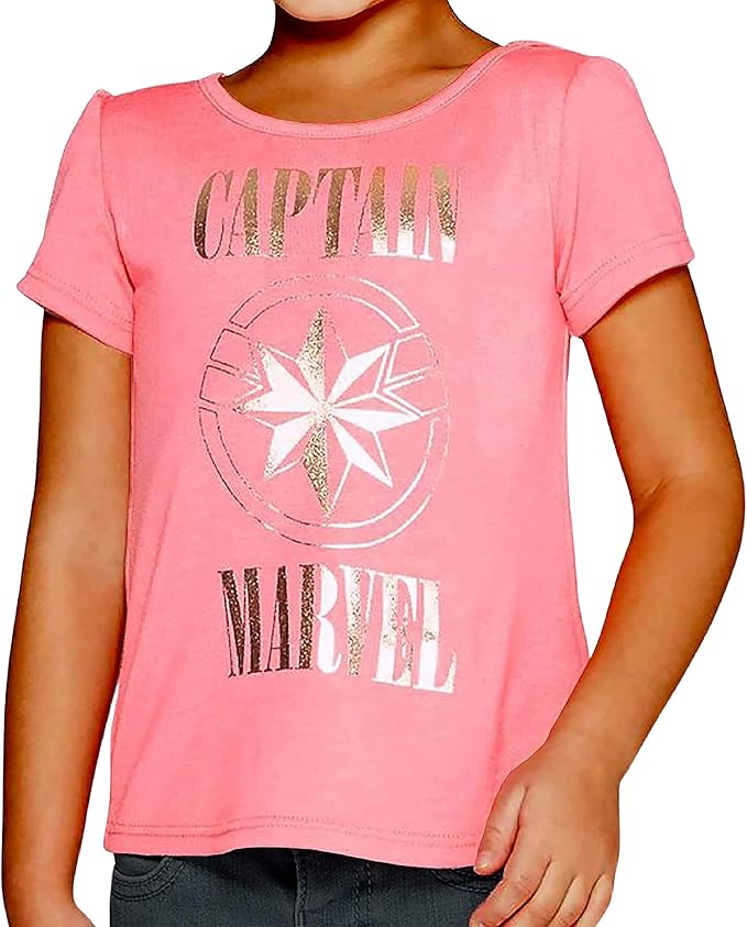 Pink girls' toddler Captain Marvel short sleeve T-shirt featuring superhero graphic from Rex Distributor, Inc.