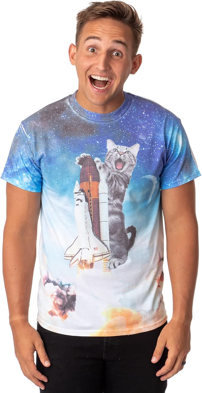 Mad Engine Space Kitty men's T-shirt featuring a colorful cat astronaut and space shuttle design on sublimated fabric.