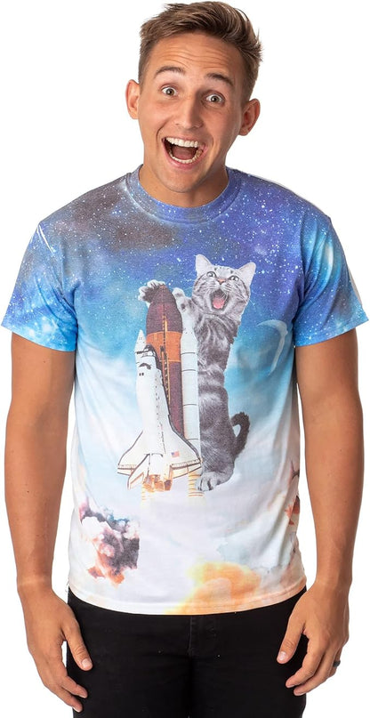 Mad Engine Space Kitty men's T-shirt featuring a colorful cat astronaut and space shuttle design on sublimated fabric.
