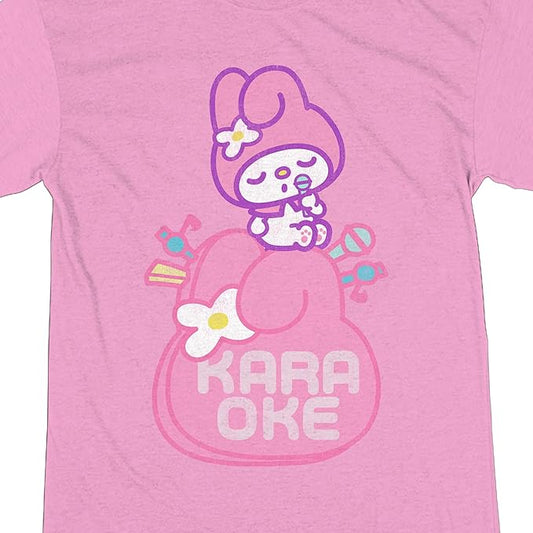 Women Juniors Hello Kitty My Melody Karaoke Pink Graphic Tee T-Shirt