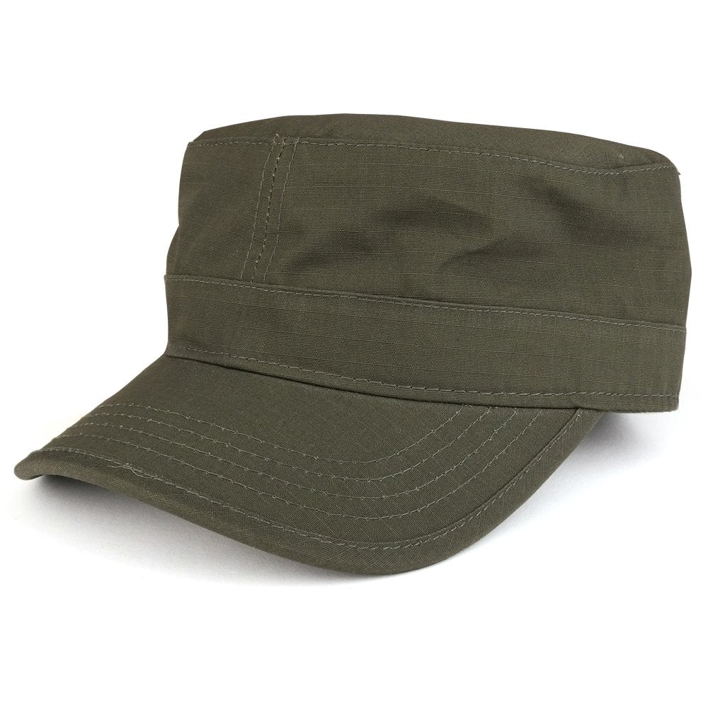 Green military-style cap on a white background