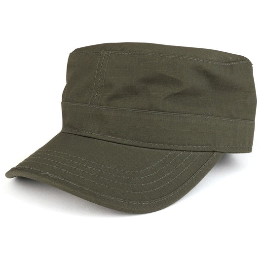 Green military-style cap on a white background