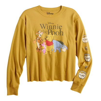 Yellow long-sleeve shirt with Winnie the Pooh and friends design on a white background