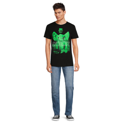 Men's black graphic T-shirt featuring The Exorcist design from Rex Distributor, Inc., displayed on a plain background.