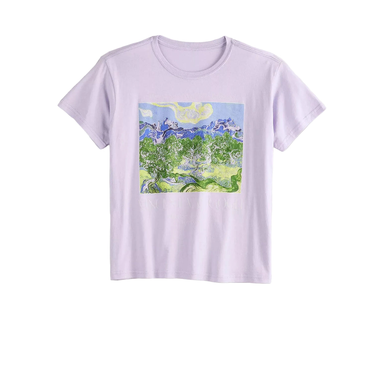 A light lavender short-sleeve crewneck t-shirt featuring a square graphic print of a Van Gogh-style landscape painting with green trees, blue mountains, and a yellow moon.