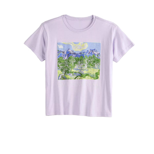 A light lavender short-sleeve crewneck t-shirt featuring a square graphic print of a Van Gogh-style landscape painting with green trees, blue mountains, and a yellow moon.