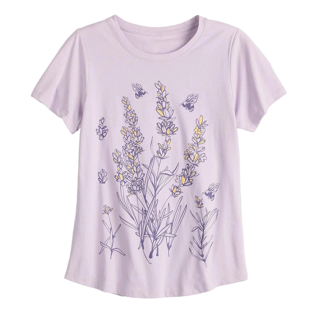 A light lavender short-sleeve crewneck t-shirt featuring a graphic print of lavender flowers and bees in purple and yellow, displayed against a light off-white background.