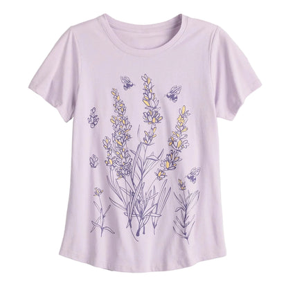 A light lavender short-sleeve crewneck t-shirt featuring a graphic print of lavender flowers and bees in purple and yellow, displayed against a light off-white background.