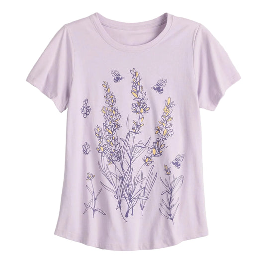 A light lavender short-sleeve crewneck t-shirt featuring a graphic print of lavender flowers and bees in purple and yellow, displayed against a light off-white background.