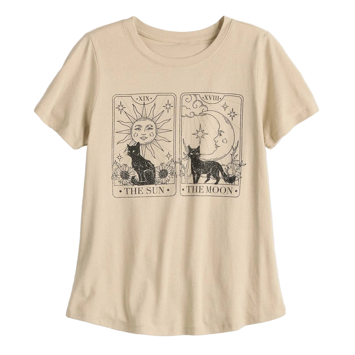 A beige short-sleeve t-shirt with a black graphic print of two tarot cards, 'The Sun' and 'The Moon', featuring a cat and a dog respectively, displayed on a light gray background.