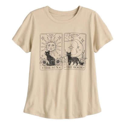 A beige short-sleeve t-shirt with a black graphic print of two tarot cards, 'The Sun' and 'The Moon', featuring a cat and a dog respectively, displayed on a light gray background.