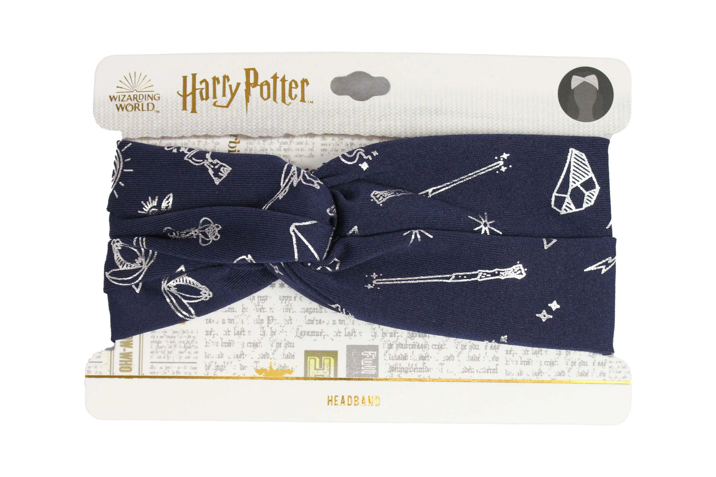 Navy blue headband with white patterns on a Harry Potter branded packaging