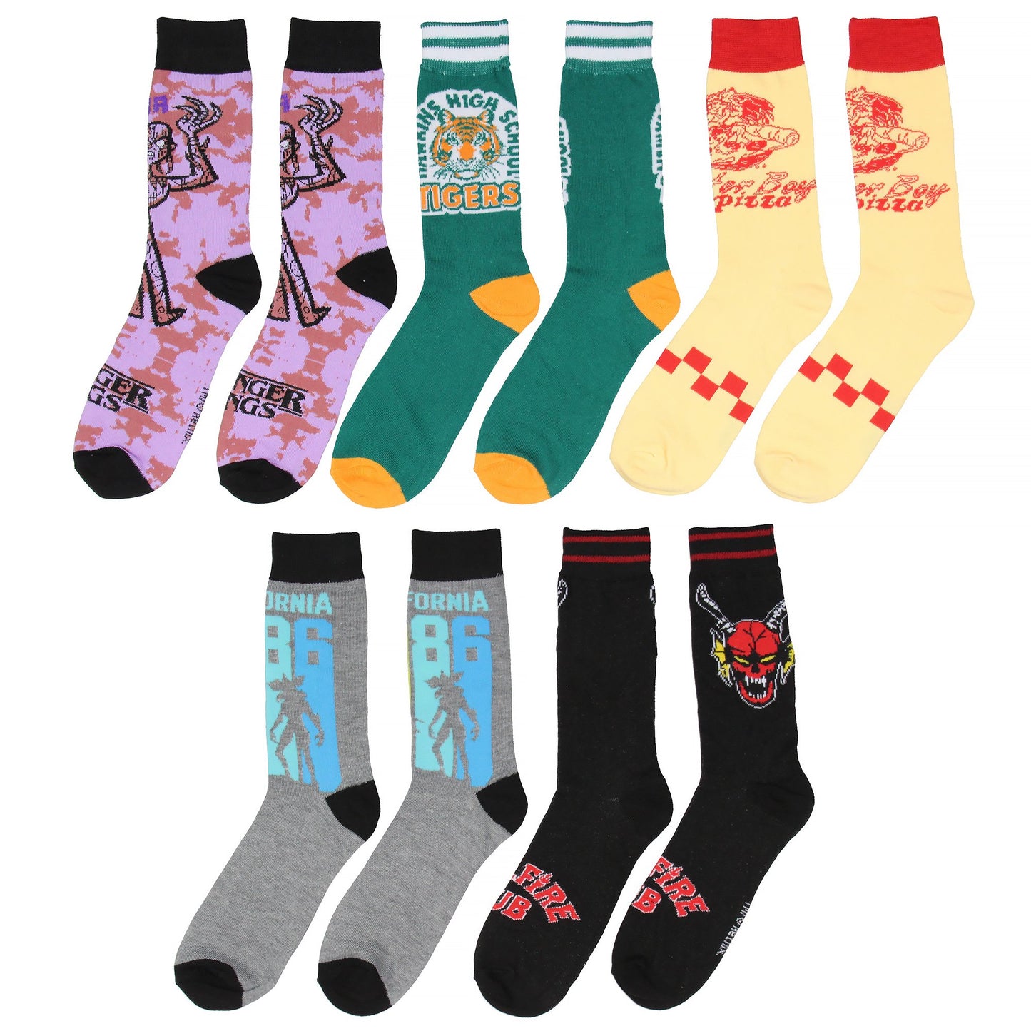 Stranger Things Crew Socks 5 Pairs, Hellfire Club Surfer Boy Pizza Vecna Hawkins High School Mid-Calf Crew Socks For Men Women 5 Pack
