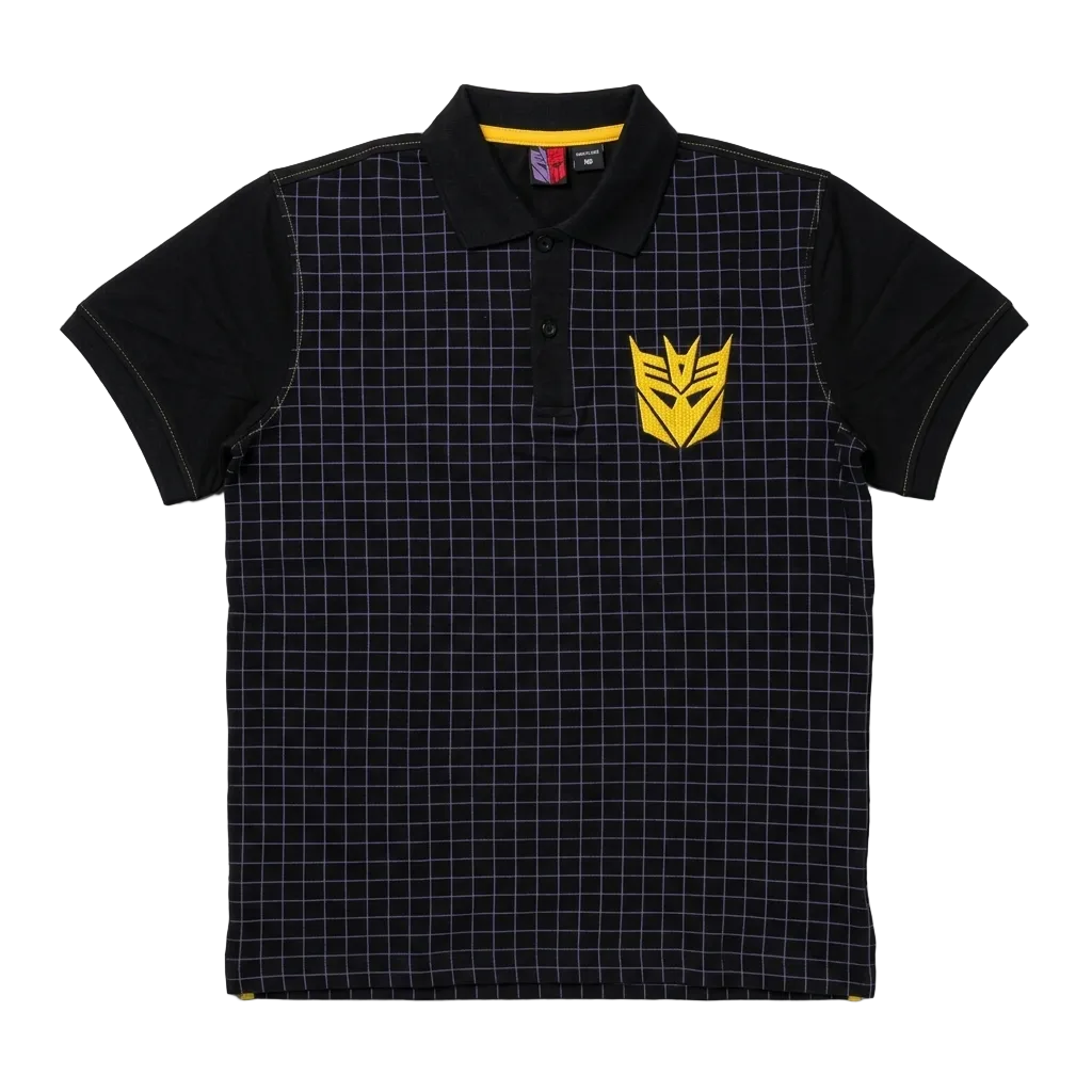 A black short-sleeve polo shirt with a subtle grid pattern, featuring a yellow Transformers Decepticon logo on the left chest and a yellow inner collar lining, displayed flat against a light gray background.