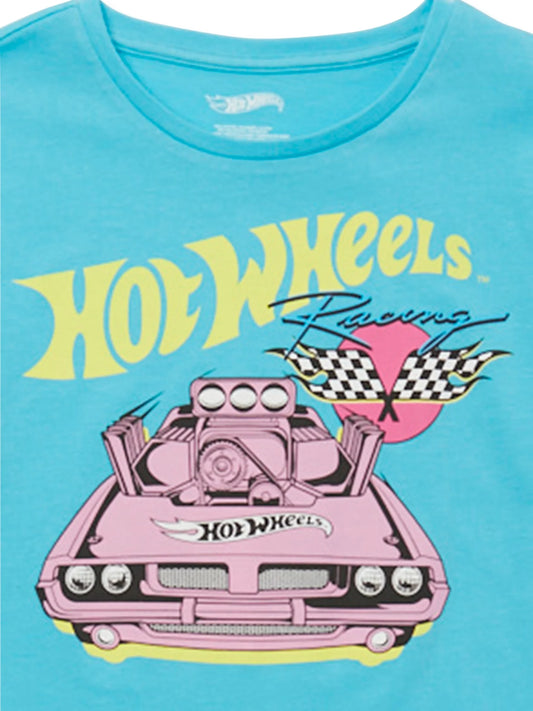 Girls Hot Wheels Racing graphic T-shirt by Mad Engine, short sleeve crew neck shirt featuring colorful racing car design.