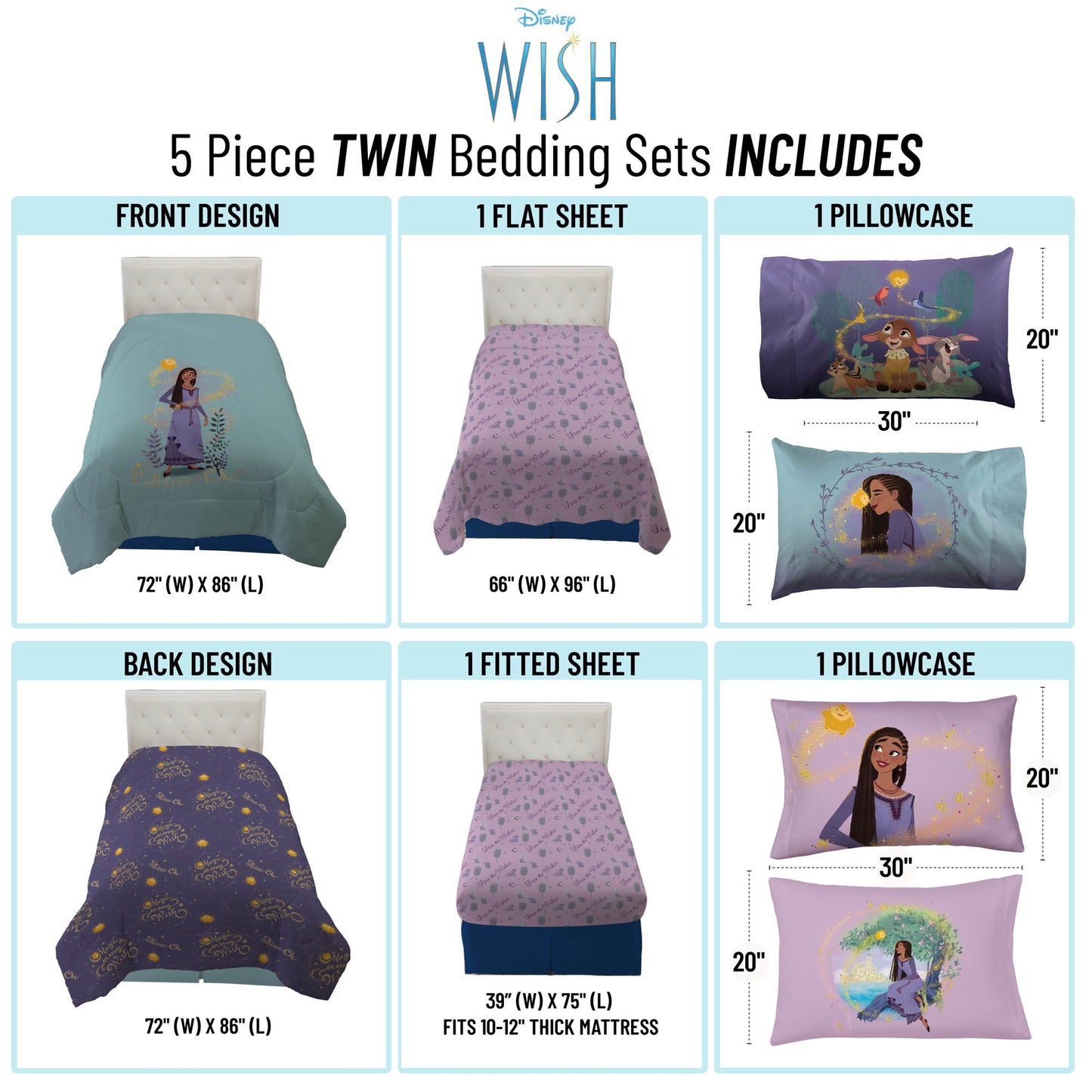 Disney Wish Purple 5 Piece Twin Bed Set w/ Sham, 100% Microfiber