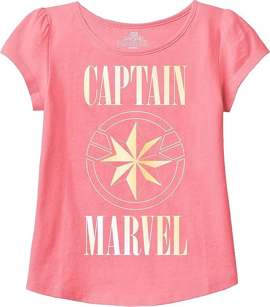 Pink girls' toddler Captain Marvel short sleeve T-shirt featuring a colorful superhero graphic on front, by Rex Distributor, Inc.