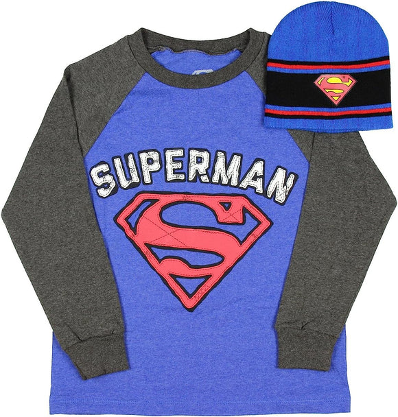 DC Comics 13 pcs ppk Superman Little & Big Boys Long Sleeve Shirt & Beanie Set