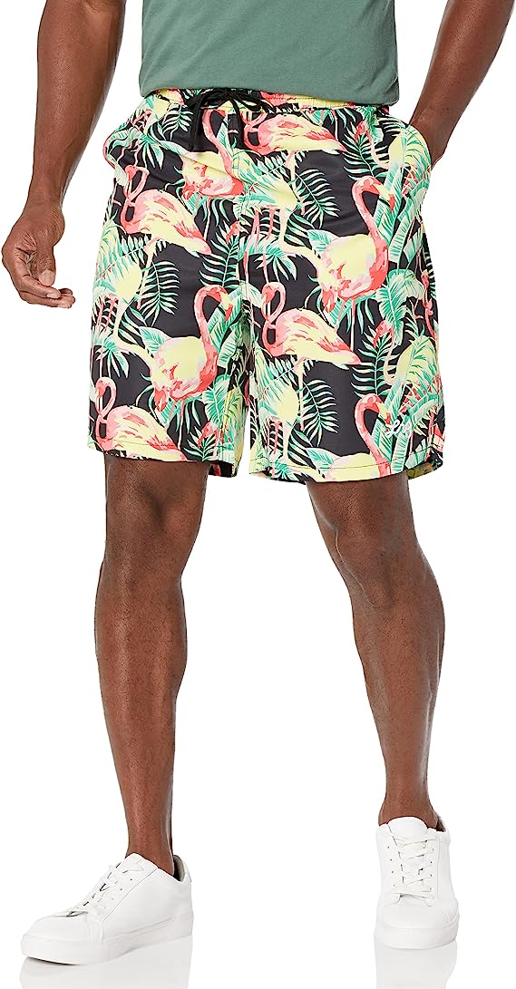 LRG Men's Black Pink Flamingo Logo Casual Drawstring Waist Shorts with Pockets