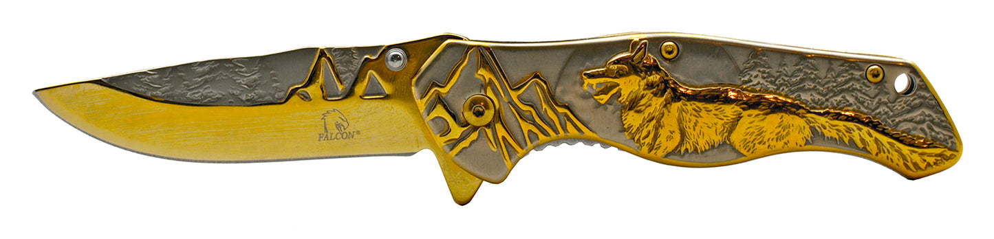 KS 3780-GD 4.75" Heavy Duty Assist-Open Gold Wolf Mountain Range Folding Knife with Belt Clip