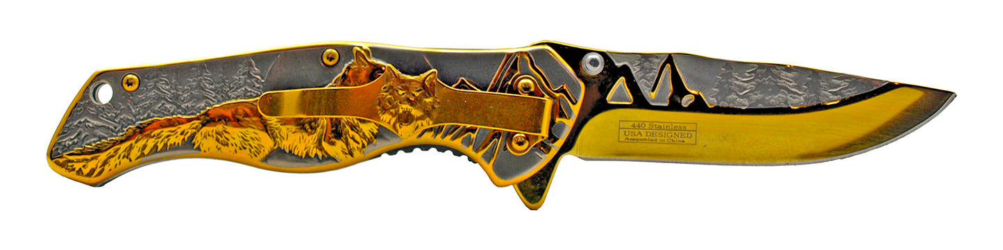 KS 3780-GD 4.75" Heavy Duty Assist-Open Gold Wolf Mountain Range Folding Knife with Belt Clip