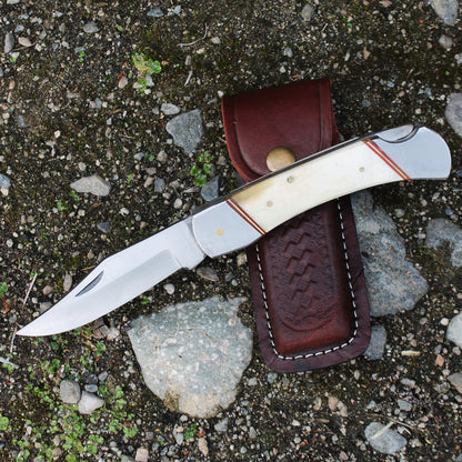 PK 116-BN 5" White Bone Handle Folding Pocket Knife with Leather Sheath