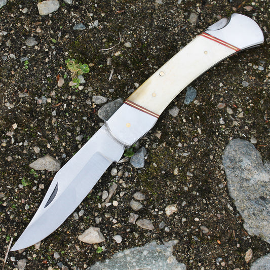 PK 116-BN 5" White Bone Handle Folding Pocket Knife with Leather Sheath