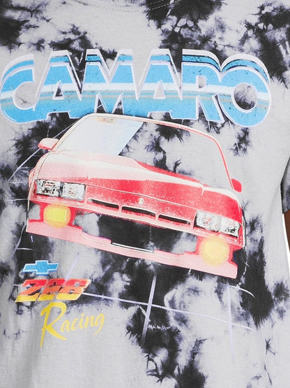 Men's Tie Dye Gm Chevrolet Camaro Z28 graphic T-shirt by Mad Engine, featuring bold Camaro Z28 design on a colorful tie-dye shirt.