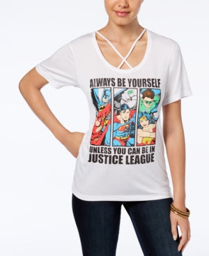 Women Junior's White DC Comics Justice League Be Yourself Graphic Tee T-Shirt