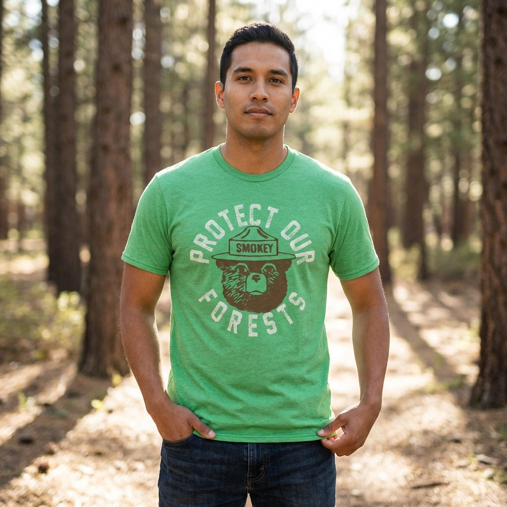 Men's Smokey the Bear graphic T-shirt by Mad Engine featuring a "Protect our Forests" design and short sleeves.
