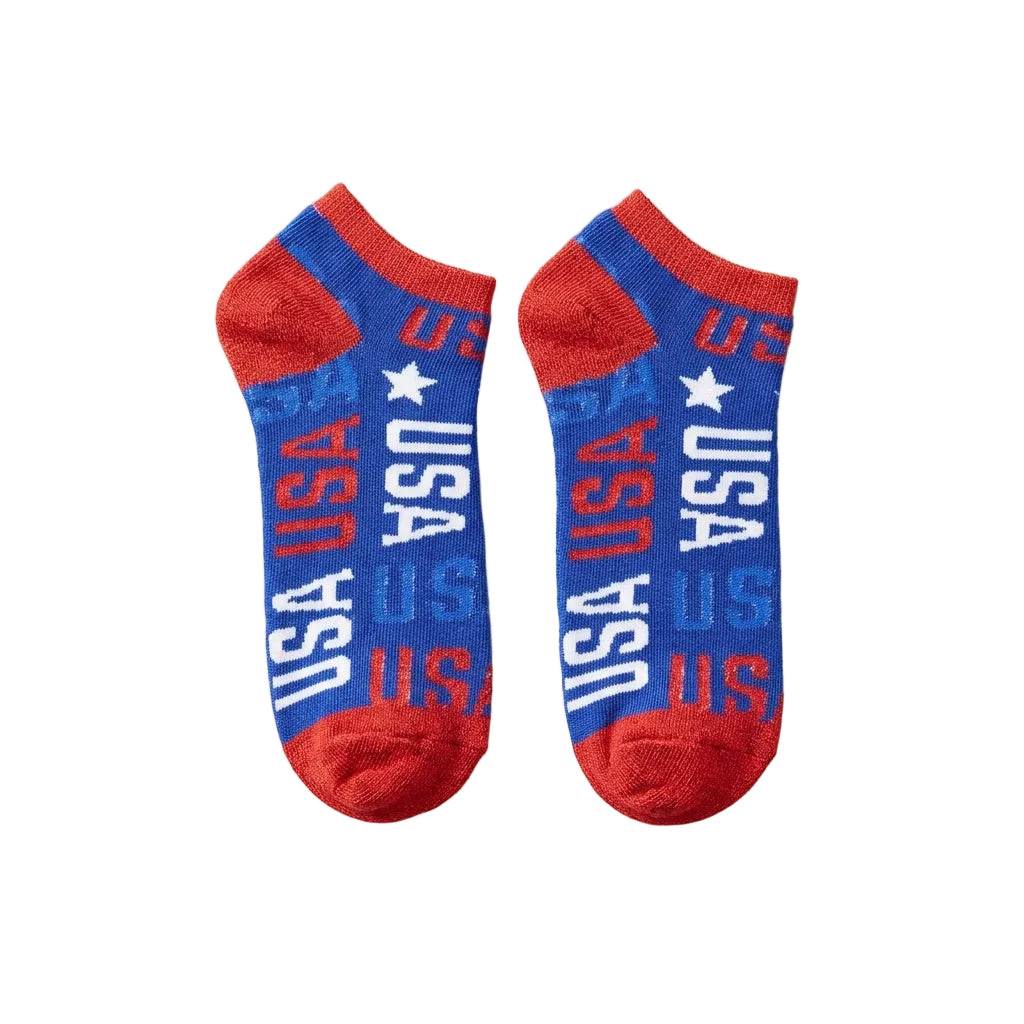 Bioworld American Flag USA Americana shimmer thread no-show ankle socks with patriotic flag design and subtle shimmer detail.