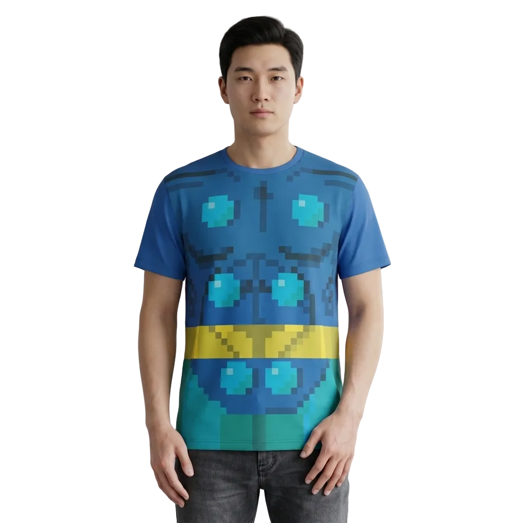 A man wearing a blue short-sleeve t-shirt with a pixelated robot face graphic in shades of blue, teal, and yellow, paired with dark gray jeans, standing against a neutral gray studio background.