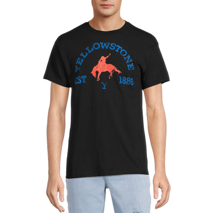 Men's Yellowstone graphic T-shirts 2-pack by Mad Engine featuring outdoor-themed designs on casual shirts laid flat.