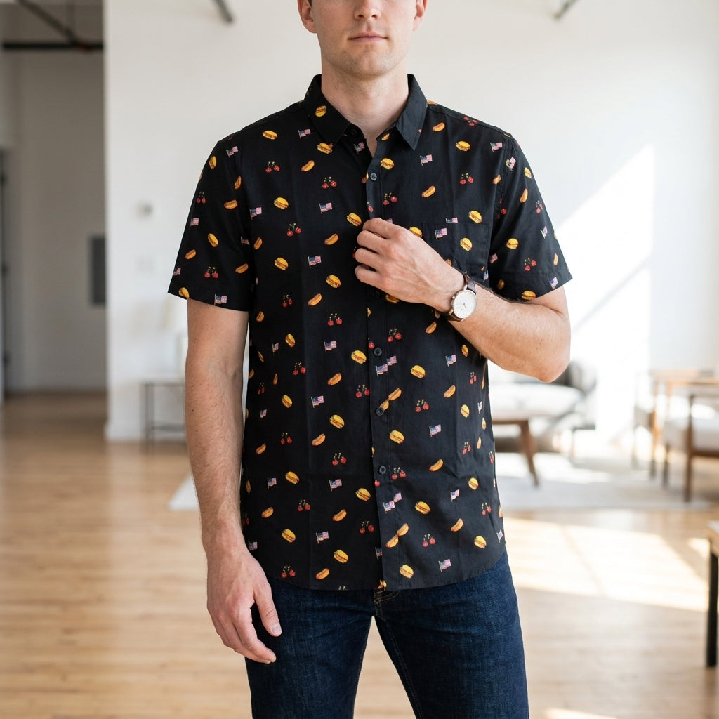 Men's Independence Day Grill Icons Short Sleeve Button Up Shirt