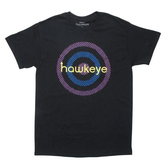 A black short-sleeve crewneck t-shirt featuring a colorful graphic on the chest. The graphic displays the word 'howkeye' in yellow lowercase letters, positioned over concentric circles in purple and blue.