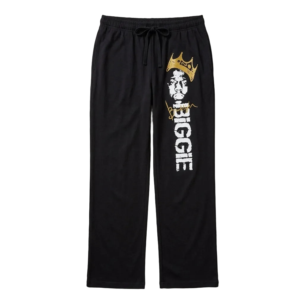 Black pants with a graphic design on a gray background