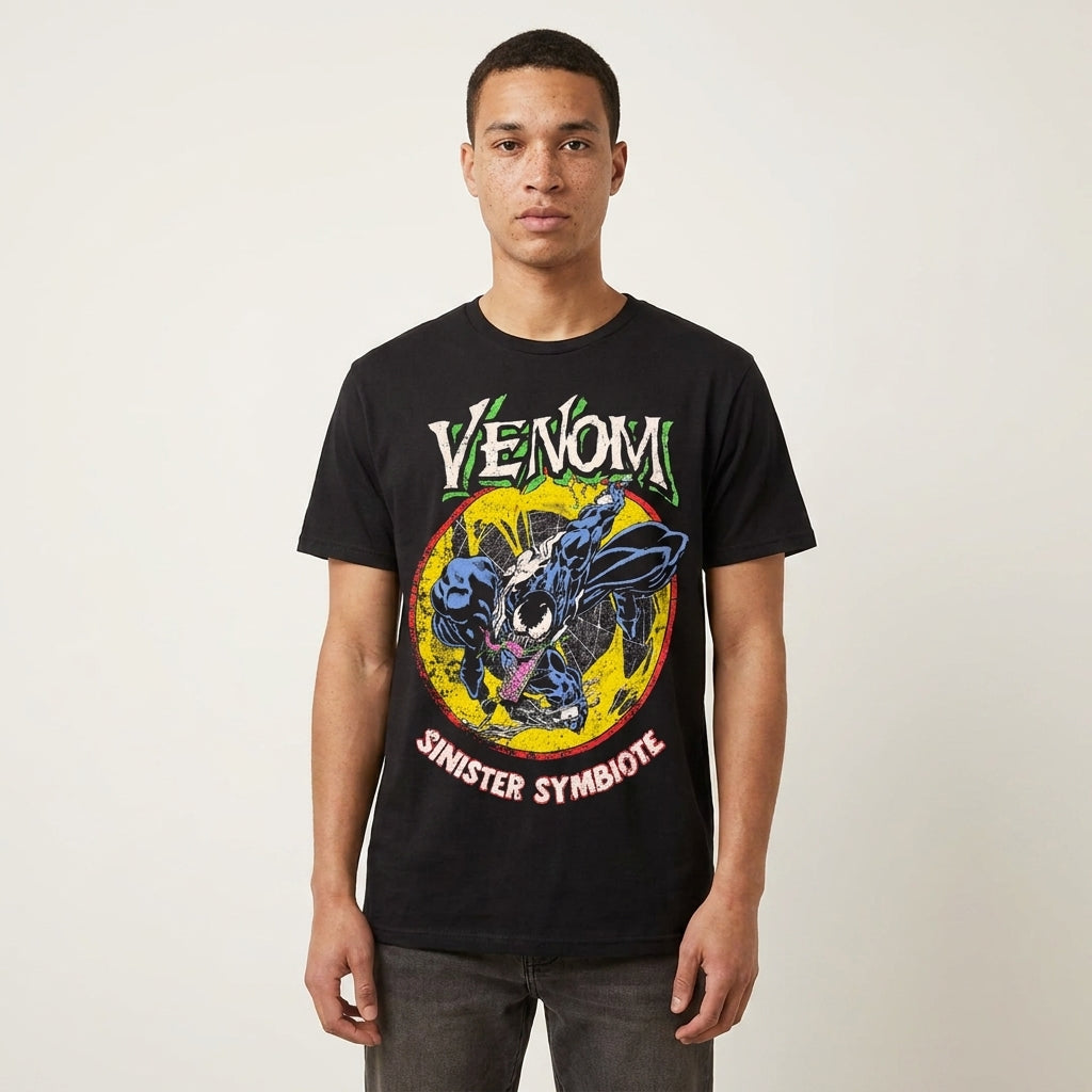 Men's black Venom symbiote Marvel graphic T-shirt featuring Sinister design, casual fit, and bold character artwork.