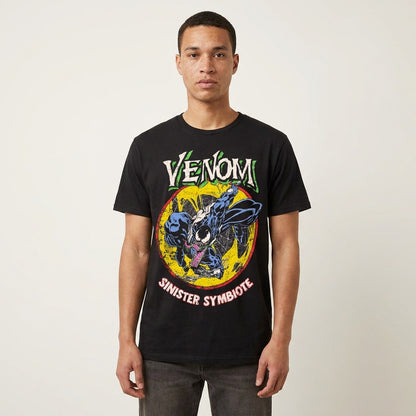 Men's black Venom symbiote Marvel graphic T-shirt featuring Sinister design, casual fit, and bold character artwork.
