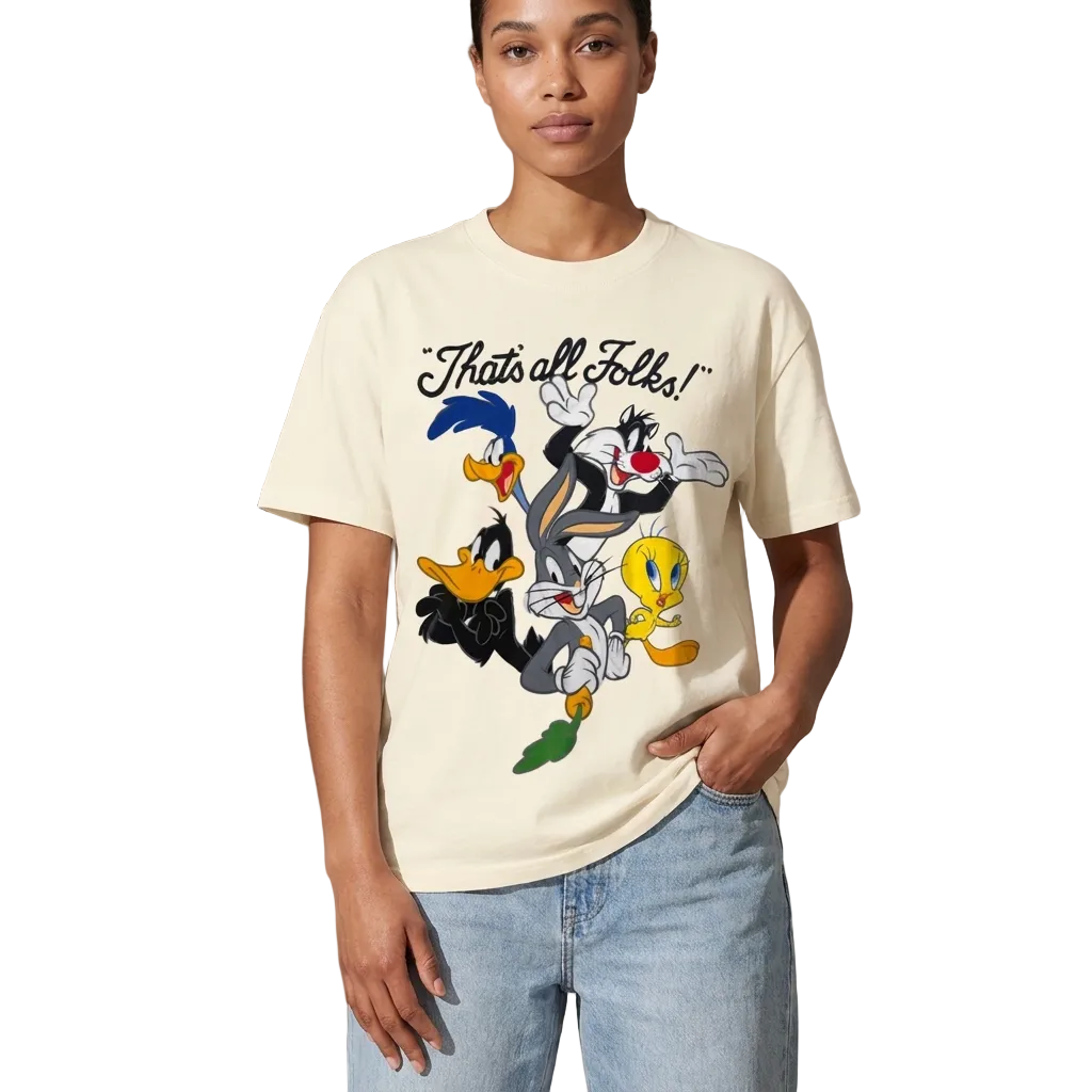 A model wearing a cream-colored graphic t-shirt featuring Looney Tunes characters and the text 'Thats all Folks!' on the front, paired with light-wash blue jeans against a neutral studio background. 