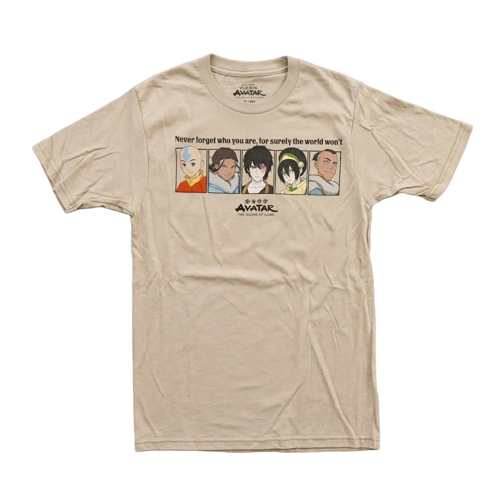 Beige t-shirt with 'Avatar: The Last Airbender' character graphic on a gray background