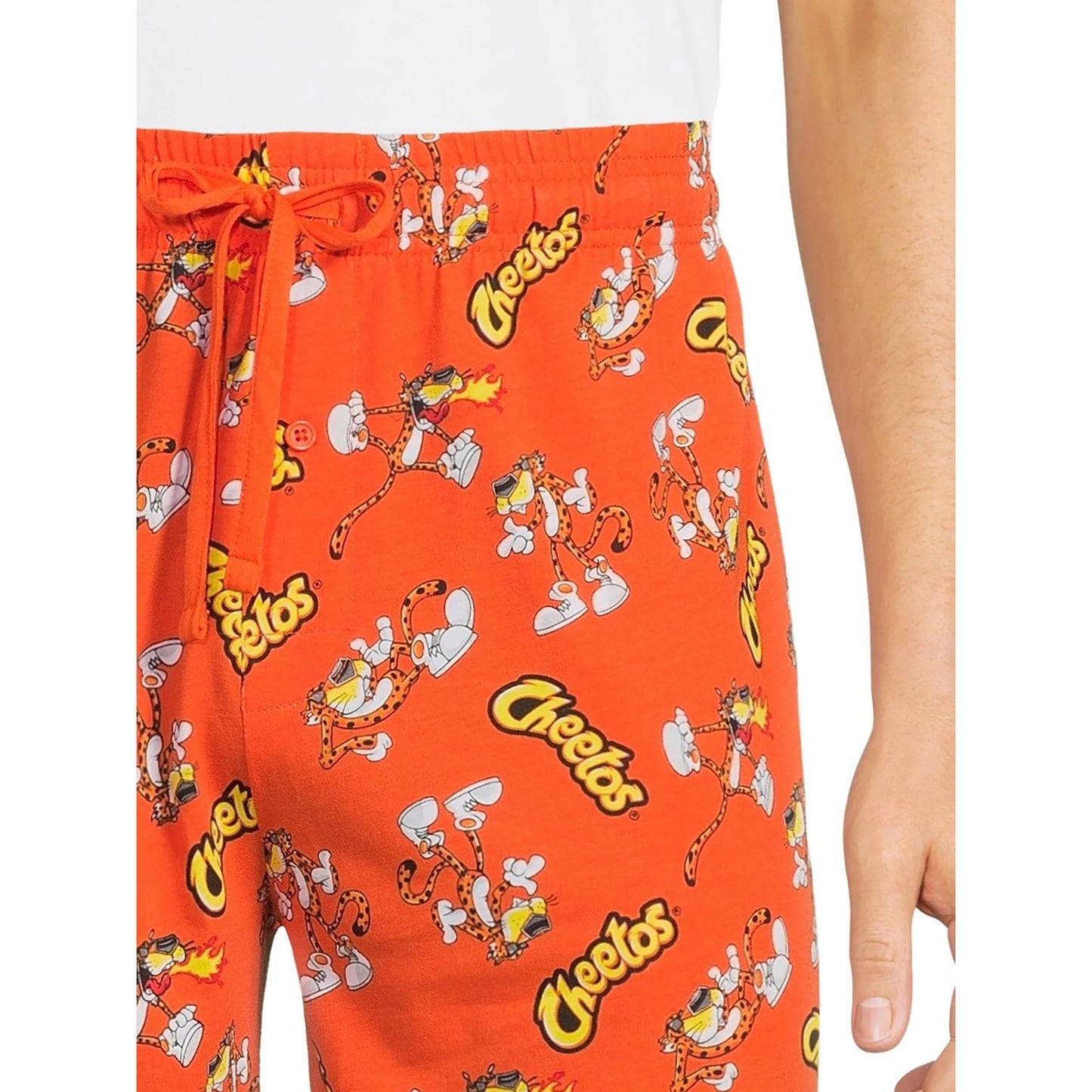 Men's Chester Cheetos orange pajama pants by Rex Distributor, Inc., featuring bright orange fabric with Cheetos character print.