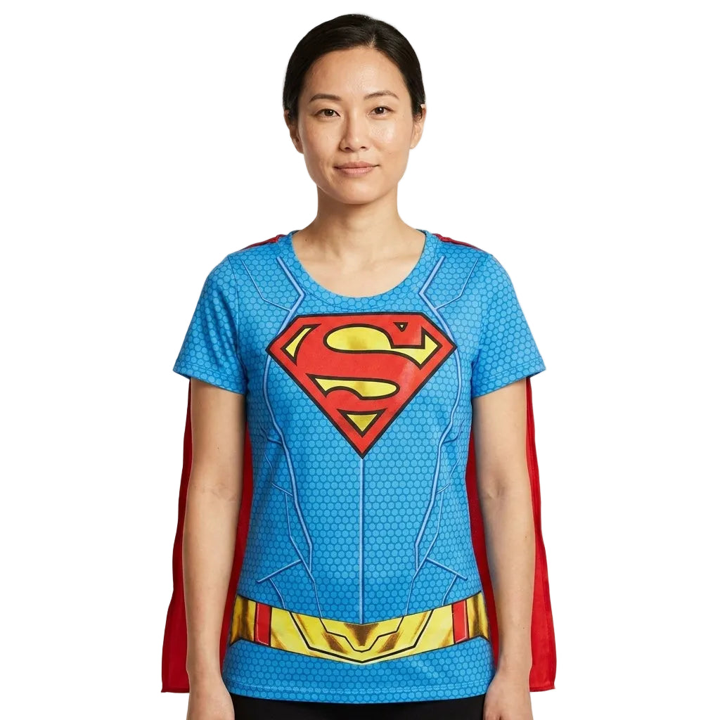 Women's Juniors Supergirl Suit up Sublimated Cape Costume T-Shirt
