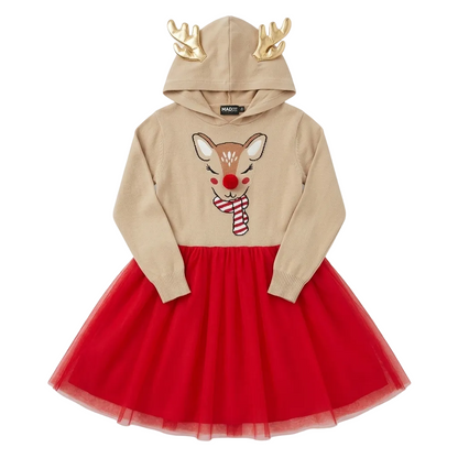 A toddler girl's holiday-themed hooded dress featuring a beige knit top with a reindeer face applique and gold antlers on the hood, paired with a voluminous red tulle skirt.