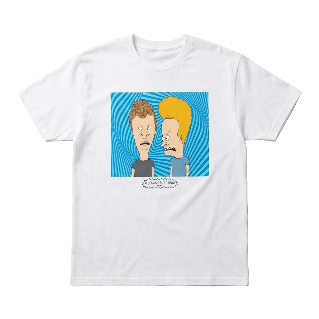 White t-shirt with a graphic of two animated characters on a gray background