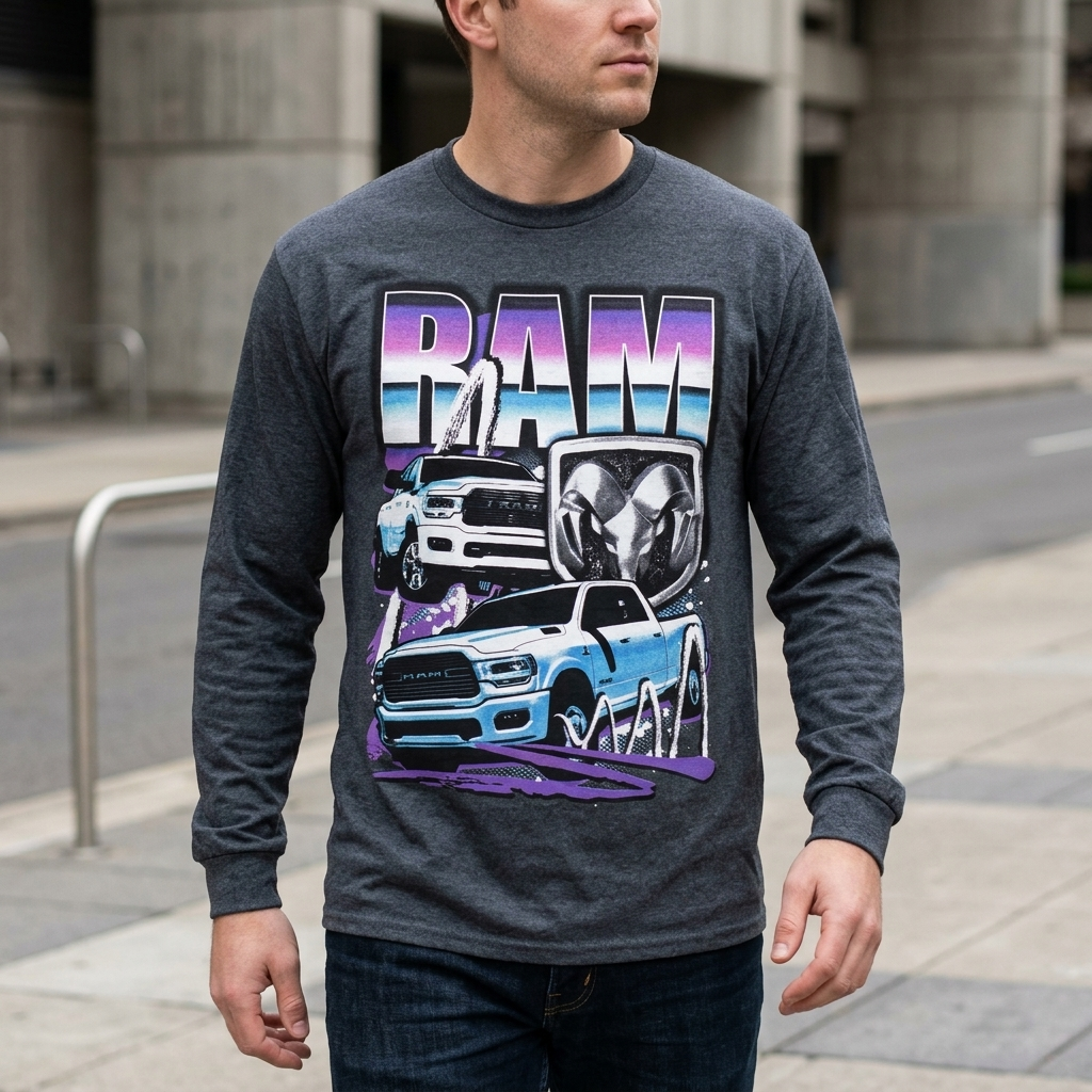 Men's Charcoal Heather Ram Truck Long Sleeve Tee T-Shirt